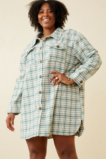 HY6594 Mint Womens Front Pocket Long Line Flannel Shirt Jacket Front